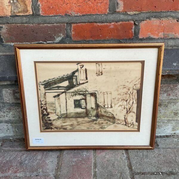 Vintage sepia wash painting of a Tuscan farmhouse by Castellani.