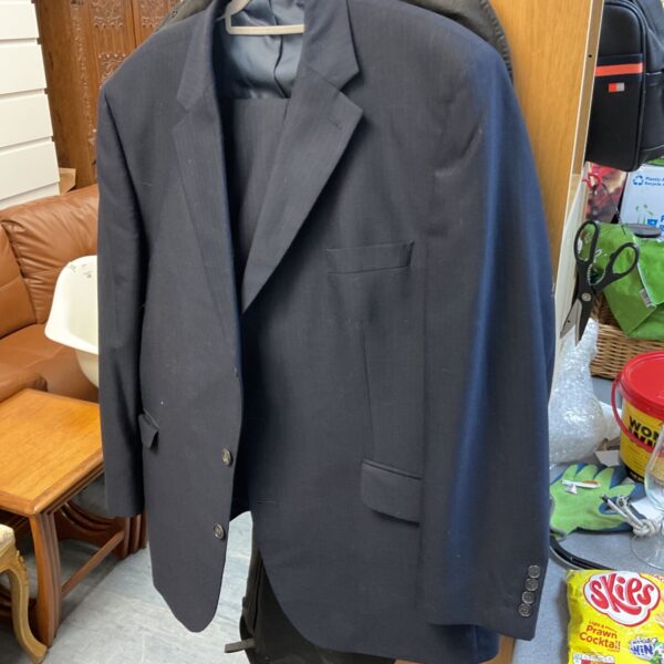 Centaur Blue suit, model 44 short, displayed on a hanger.