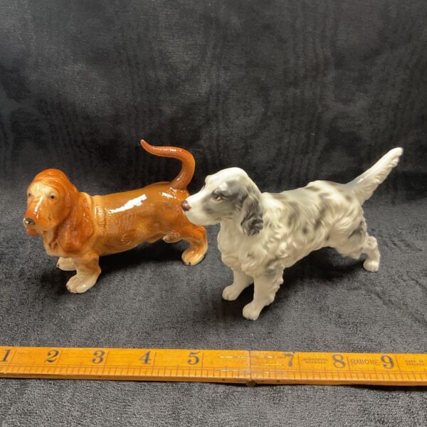 Vintage ceramic English Setter and Basset Hound dog figures.
