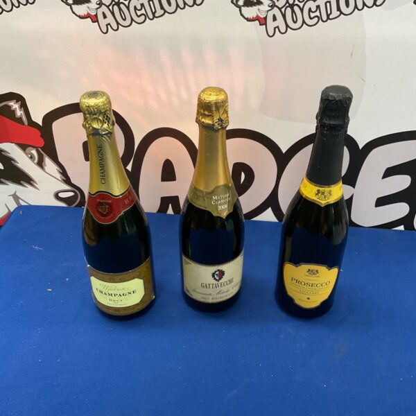 Selection of Champagne, Prosecco and Spumante wine bottles.