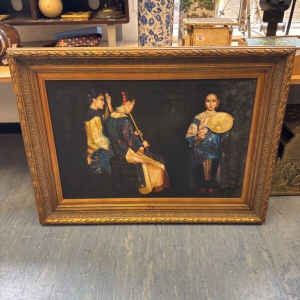 Large reproduction Chen Yifei painting of three court musicians in gilt frame.
