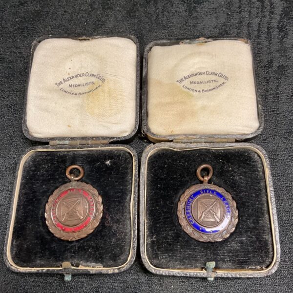 Pair of vintage Cheshunt Rifle League brass medals.