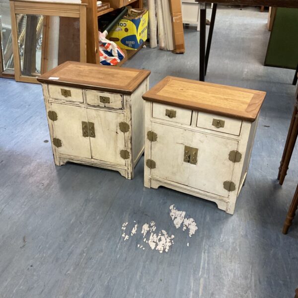 Antique Chinese bedside cabinets with painted finish and single drawer.