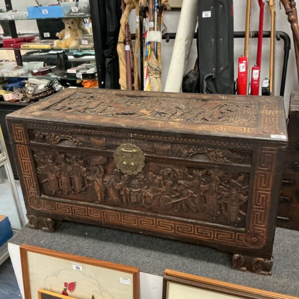 Intricate carvings on antique Chinese carved chest.