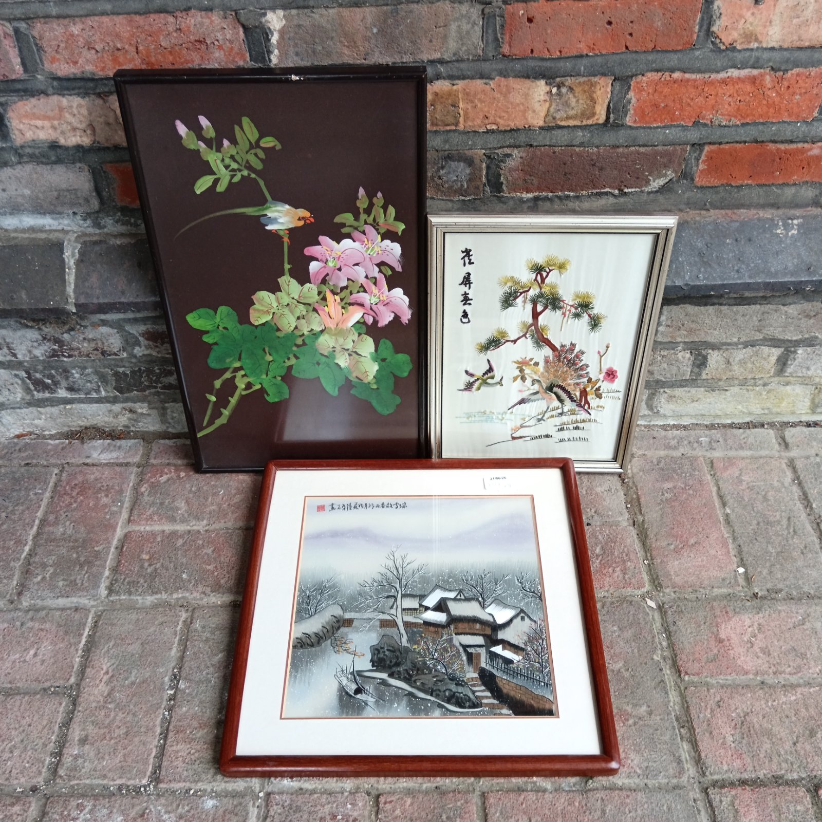 Framed Chinese embroidery and watercolour painting, vintage Asian art.