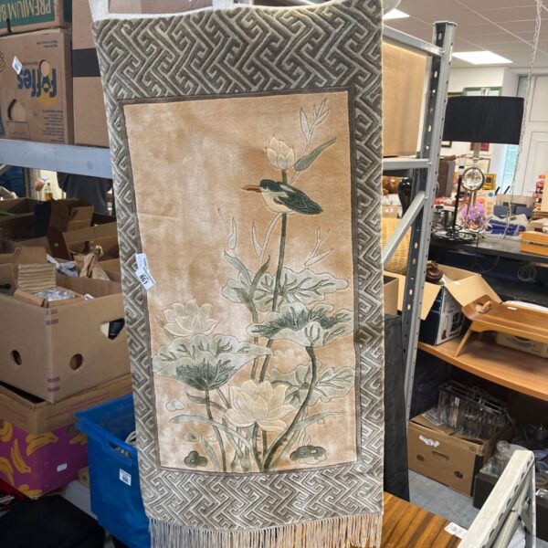 Vintage Chinese silk embroidery with lotus flowers and a bird.