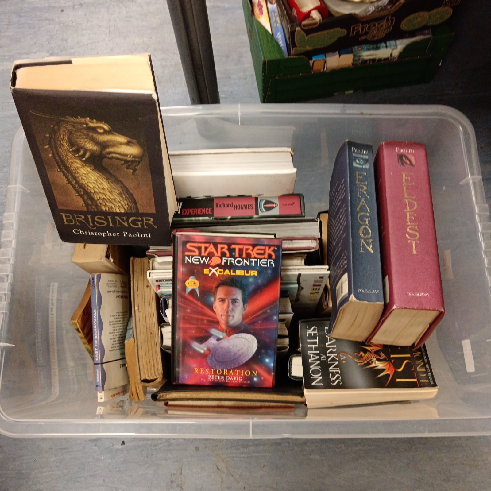 Christopher Paolini Eragon book lot with fantasy and sci-fi novels.