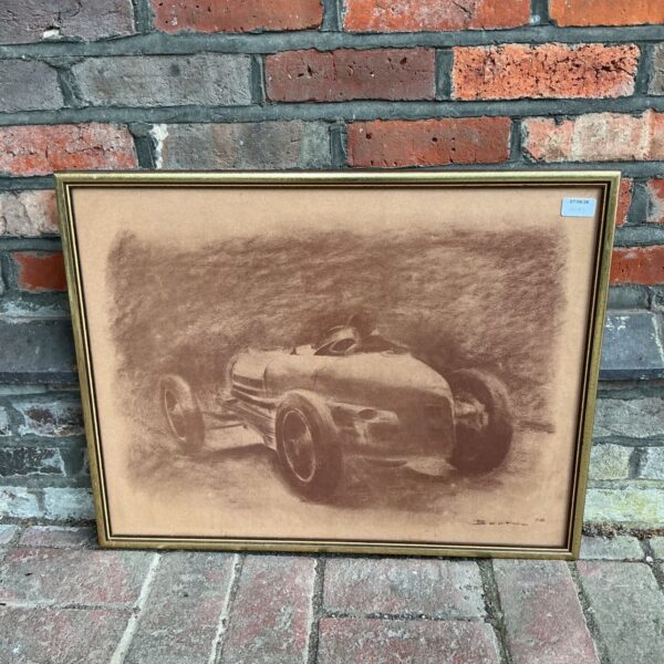 Framed Claude Burton print of a classic 1936 Bugatti racing car.