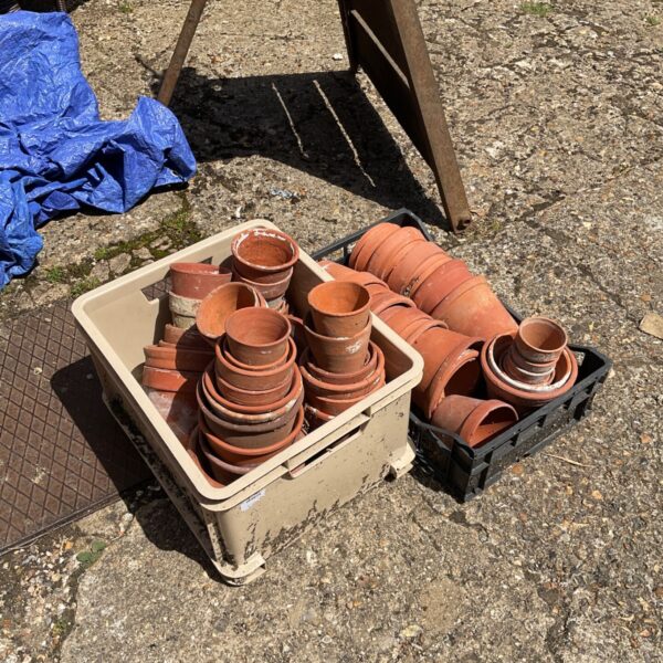 Lot of weathered terracotta clay plant pots for garden use.