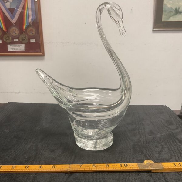 Large clear glass swan vase, elegant home decor.