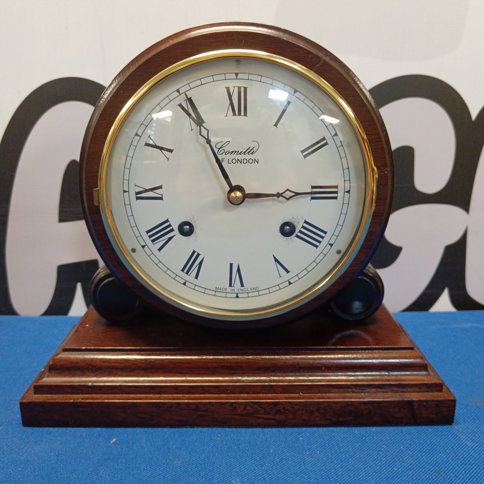 Vintage Comitti of London mantle clock with a drum case.