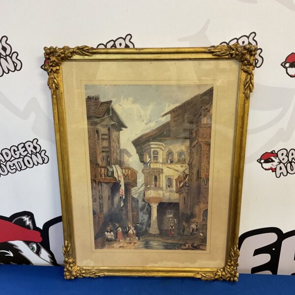Early 19th century continental cityscape watercolour painting with gilt frame.