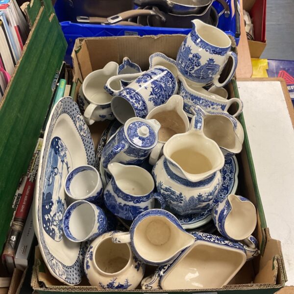 Collection of antique Copeland Spode ceramics in blue and white.
