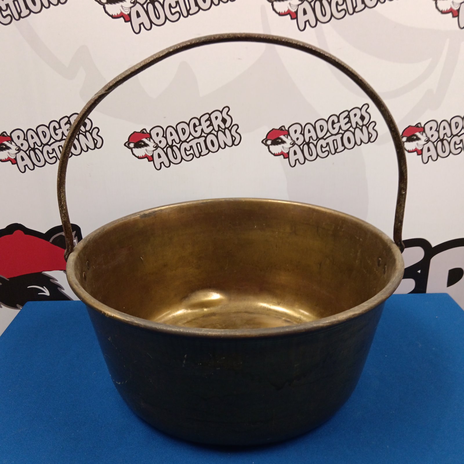 Vintage copper jam pan with wrought iron handle.