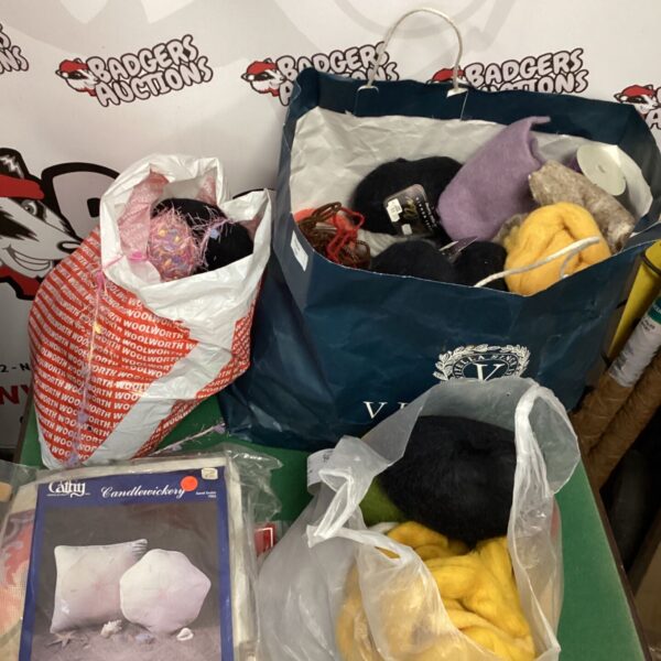 Large lot of vintage crafting supplies including mohair and candlewicking books.
