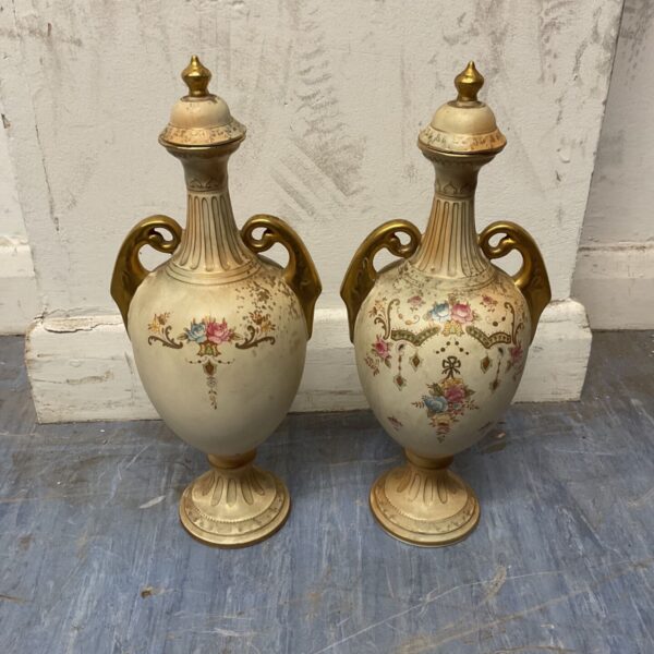 Pair of vintage Crown Devon porcelain vases with gilt handles.