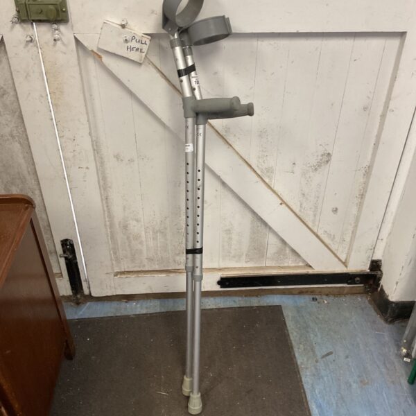 Pair of aluminium crutches for mobility assistance.
