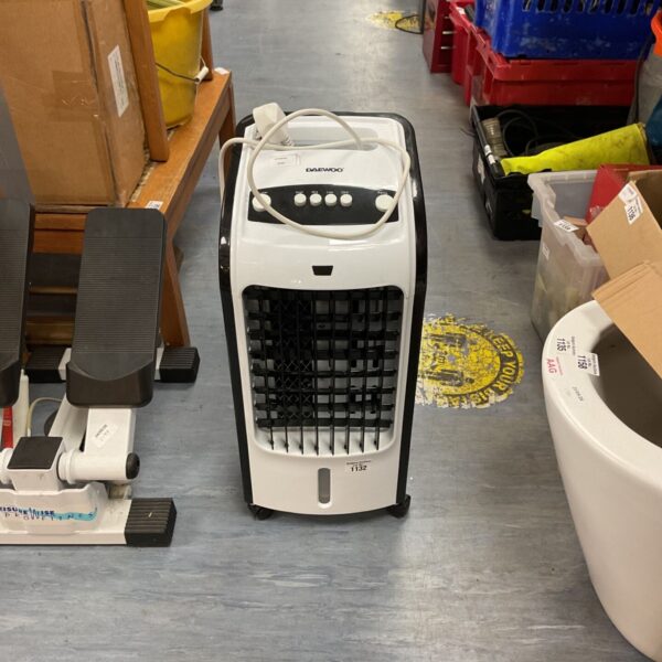 White Daewoo portable air cooler for personal cooling.