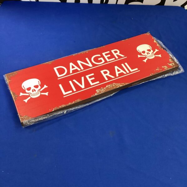 Reproduction danger live rail tin sign for railway decor.