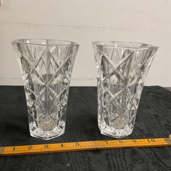Pair of vintage D'Arques crystal vases with diamond cut pattern.