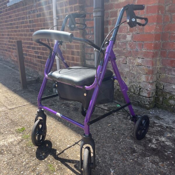 Purple Days rollator walker with storage bag, mobility aid.