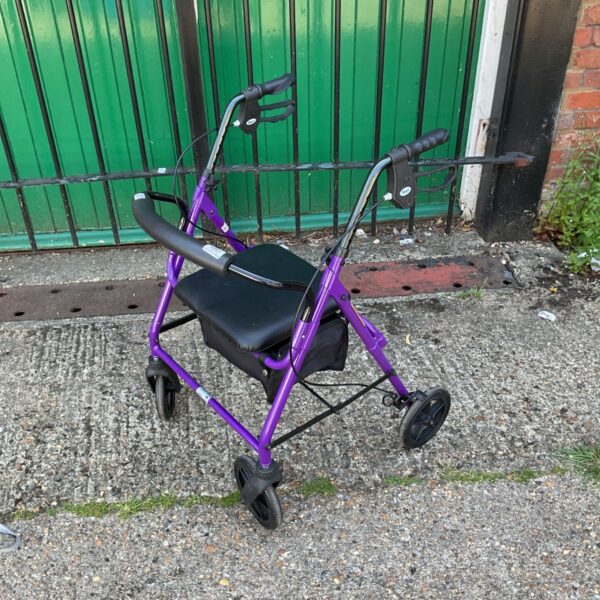 Purple Days rollator walker with a folding design and wire basket.