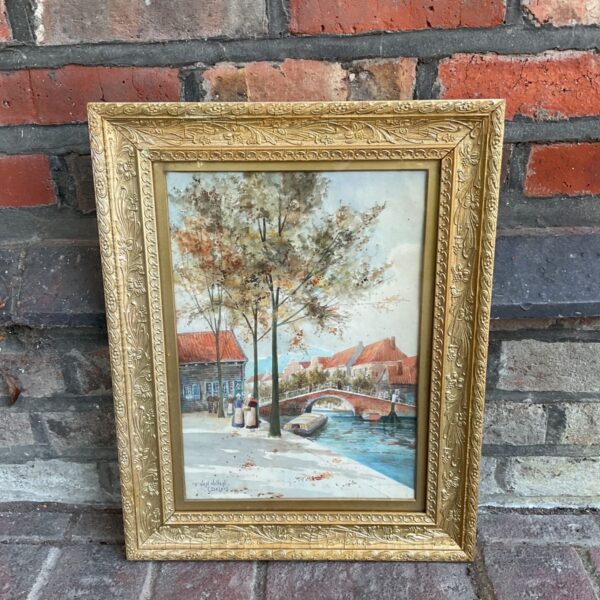 Signed f van vollen watercolour painting of a Delft canal scene.