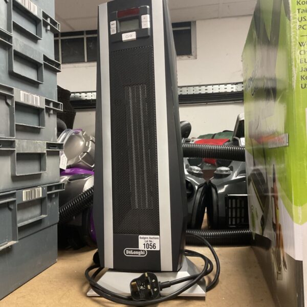 Front view of a Delonghi electric heater with power switch visible.