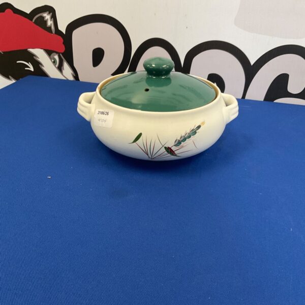Vintage green Denby stoneware cooking pot with lid.
