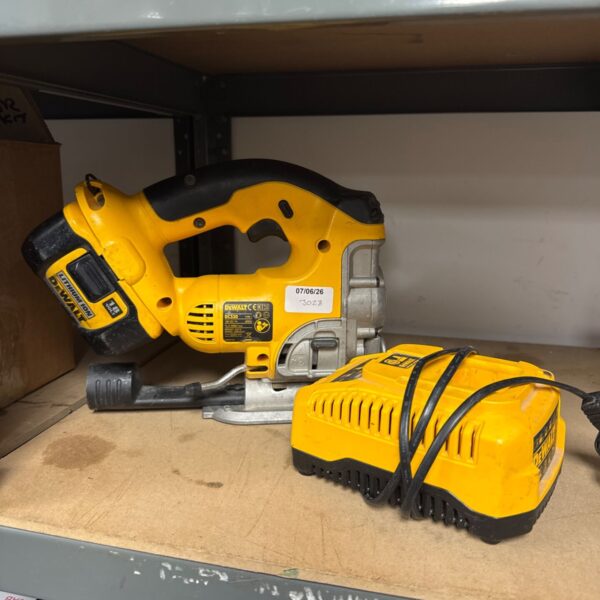 Dewalt DC330 cordless jigsaw with battery and charger.