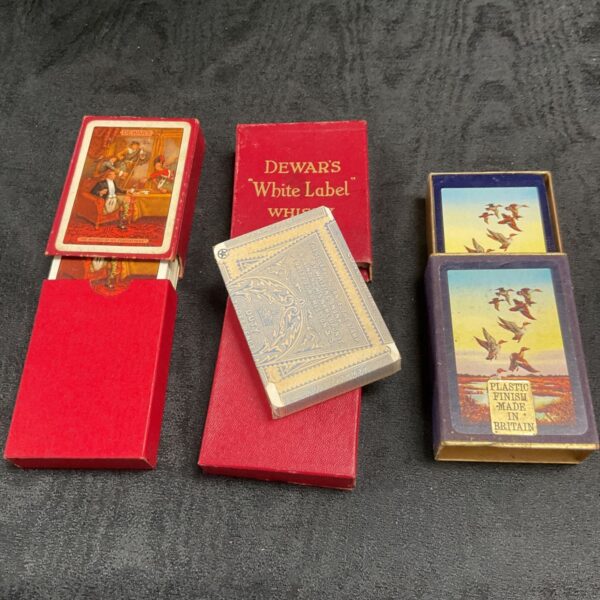 Vintage Dewars White Label and Waddingtons playing cards, collectible card set.
