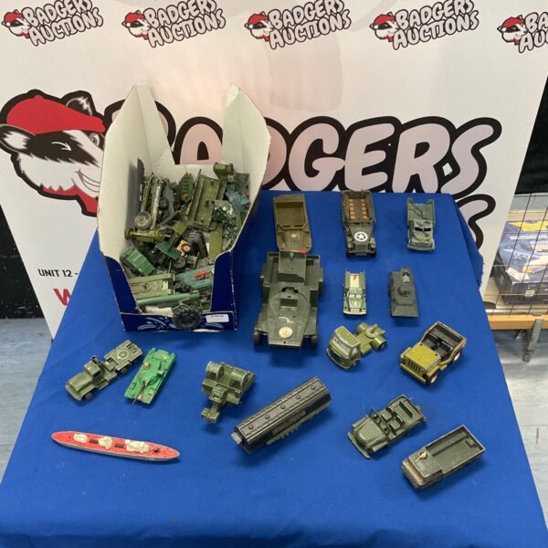 Assorted diecast army model vehicles including Dinky Toys and Matchbox.