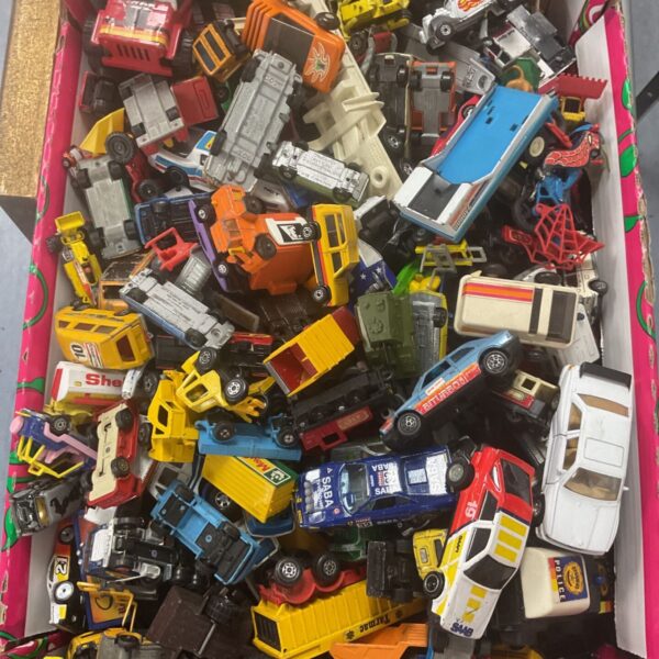Large crate of vintage diecast vehicles including Matchbox and Corgi.