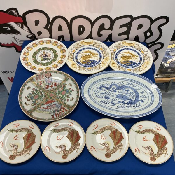 Collection of vintage Chinese and Japanese plates including a Dragon School plate.