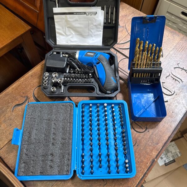 Draper cordless screwdriver set with Silverline drill bits.