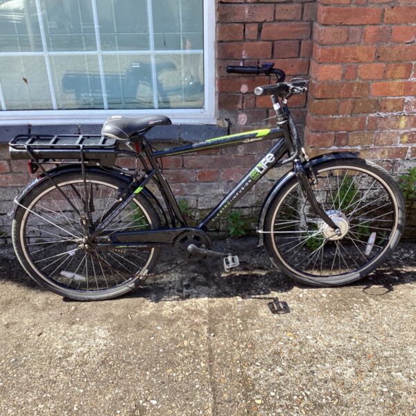 Black e-Life Pathfinder electric bike with rear rack.