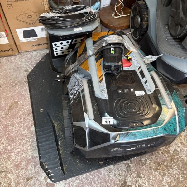 EGO RMR3000E robotic lawn mower with charging dock, untested condition.