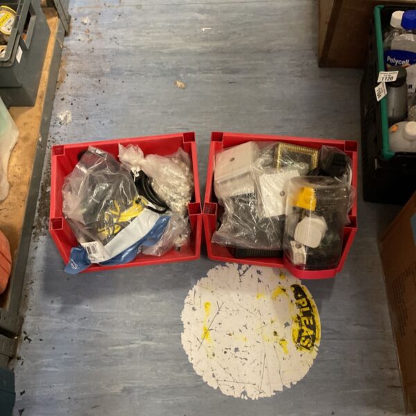 Electrical components lot in red Akro-mils storage organisers.