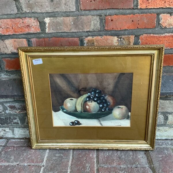 Vintage 1911 watercolour still life painting of fruit and grapes.