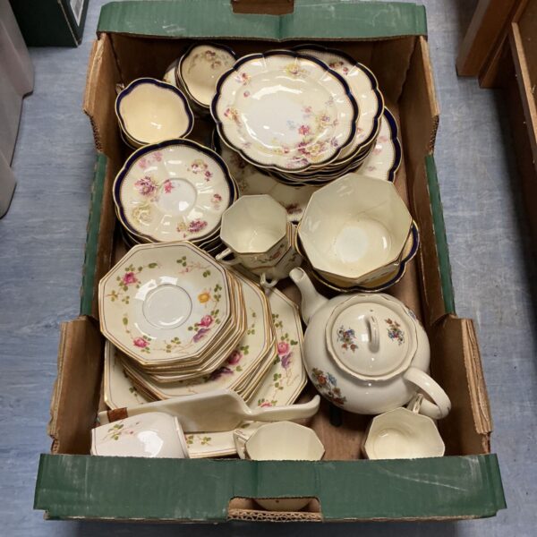 Vintage England Crescent China tea set with floral design.