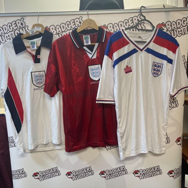 Vintage England football tops lot, 90s retro shirts.