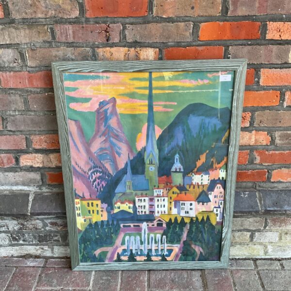 Framed Ernst Ludwig Kirchner print of Davos church in summer landscape.