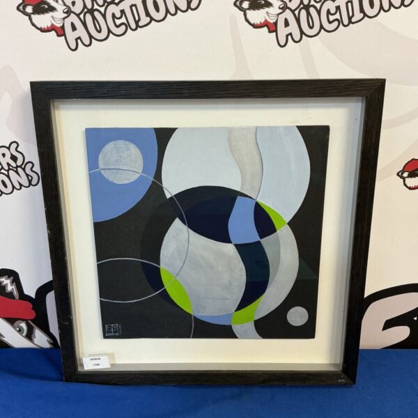 Eva Humphrey-Lahti Planets in Transit abstract oil painting in a black frame.