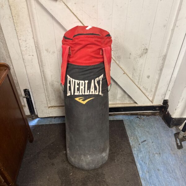Red and black Everlast boxing punchbag hanging for training.