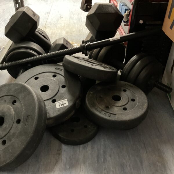 Job lot of exercise weights including dumbbells and plates.