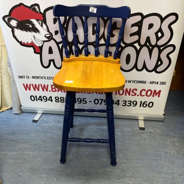 Blue farmhouse kitchen stool with a wooden seat.