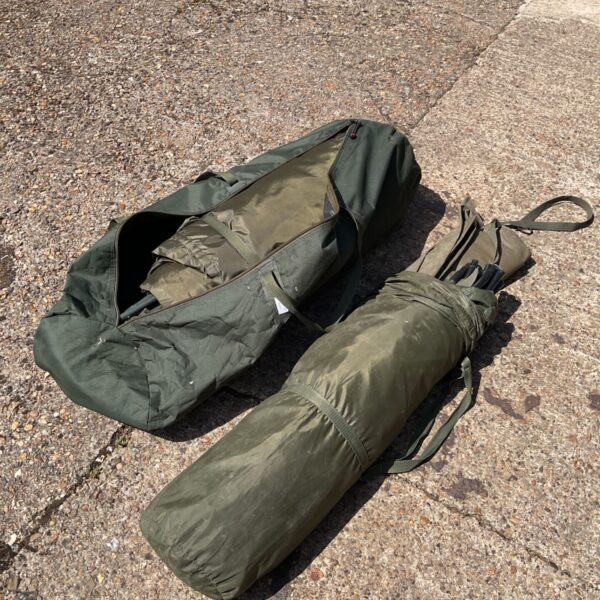 Two used fishing bivvies, including a Chubb model, in a pair.