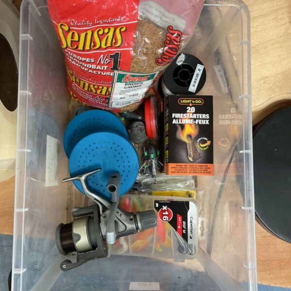 Fishing tackle box with reel, weights and Sensas Europees No1 bait.