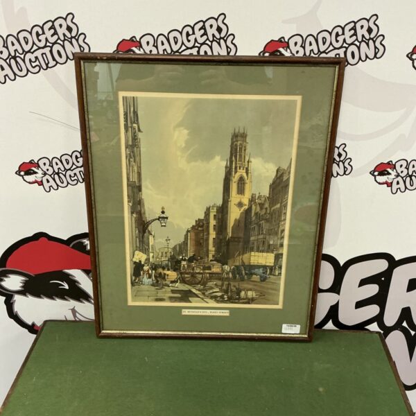 Antique framed print of Fleet Street with St. Dunstan’s church.