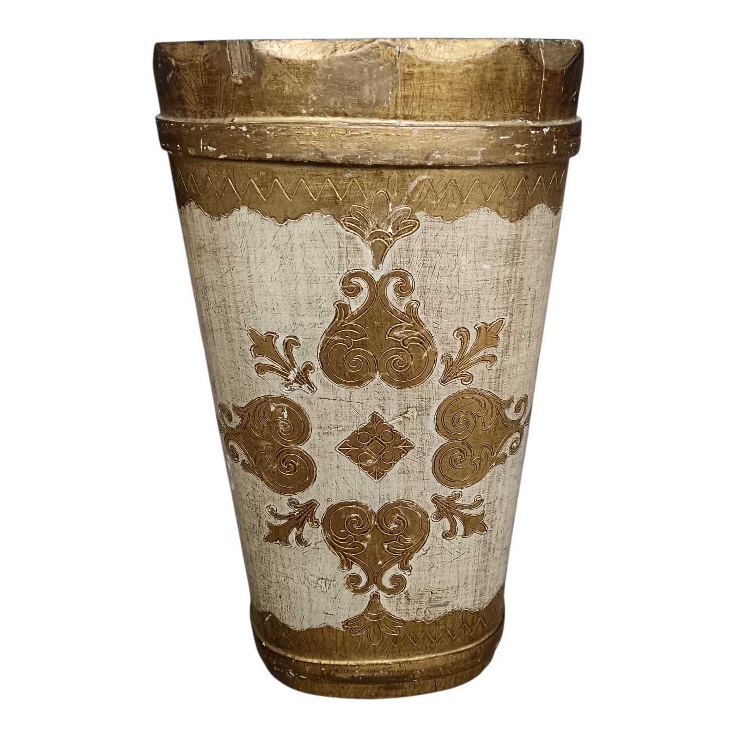 Ornate gilded Florentine stick stand with white wood finish.